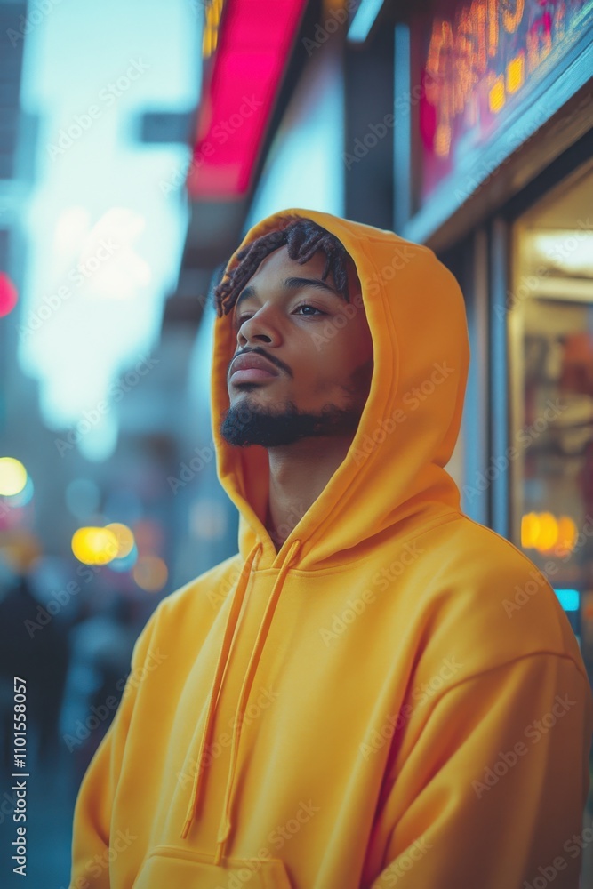 Man wearing a yellow hoodie standing in front of a store Man wearing a yellow hoodie standing in front of a store