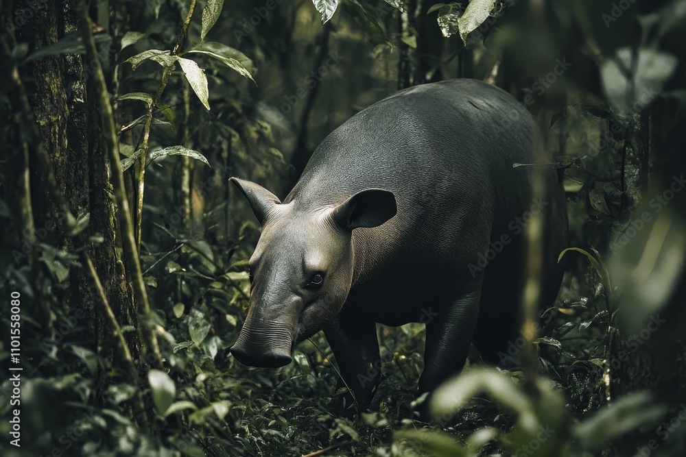 Fototapeta premium Dark tapir hidden rainforest foliage.