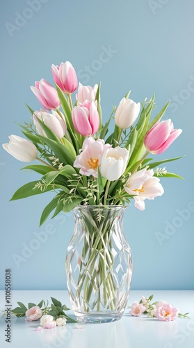 Wallpaper Mural Soft pink and white tulips arranged in a beautiful glass vase with fresh greenery, flower arrangement, elegant presentation Torontodigital.ca