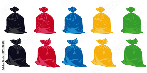 Garbage bag icons set. Rubbish, waste and trash in plastic pack. Vector