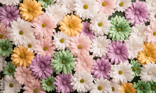 Vibrant floral wall background with pink, purple, green, yellow, white chrysanthemums for weddings and Valentine's 