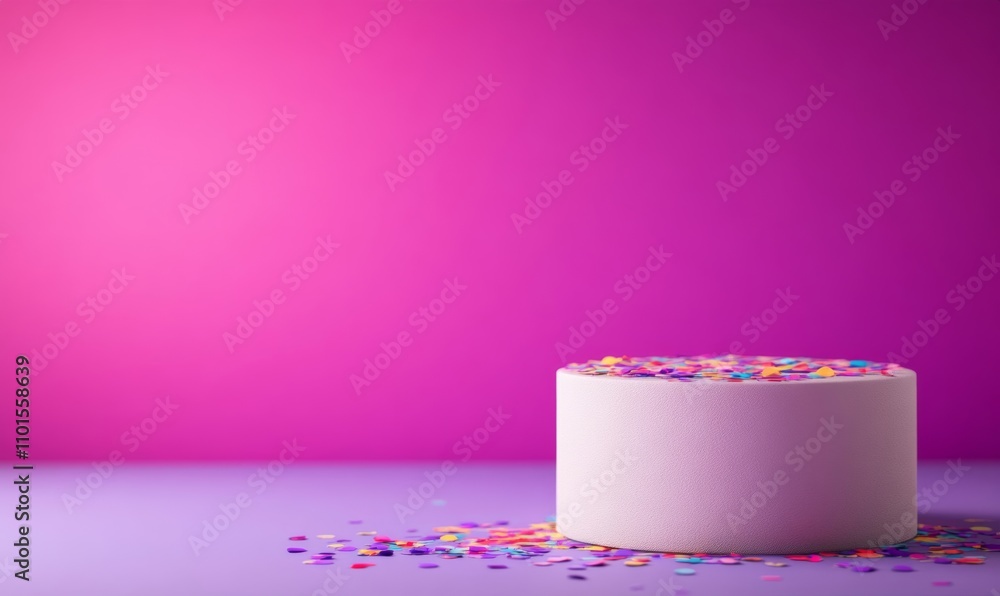 Vibrant minimalist podium with confetti, bokeh lights, pink, and purple gradient, ideal for product displays Vibrant minimalist podium with confetti, bokeh lights, pink, and purple gradient, ideal for product displays