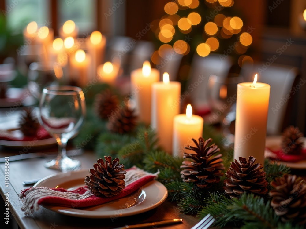 Cozy holiday dining setup with candles, pinecones, and festive decor illuminated by soft twinkling lights Cozy holiday dining setup with candles, pinecones, and festive decor illuminated by soft twinkling lights