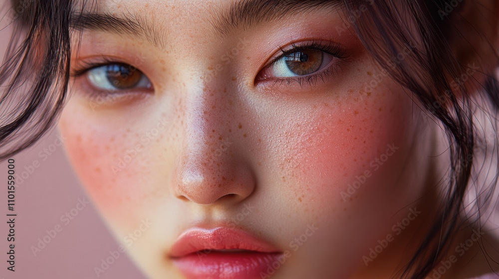 A close-up of a sweet Asian woman with a light pink tint on her cheeks and lips, her eyes gently highlighted by soft eyeliner and pastel eyeshadow, creating a soft, dreamy expression A close-up of a sweet Asian woman with a light pink tint on her cheeks and lips, her eyes gently highlighted by soft eyeliner and pastel eyeshadow, creating a soft, dreamy expression