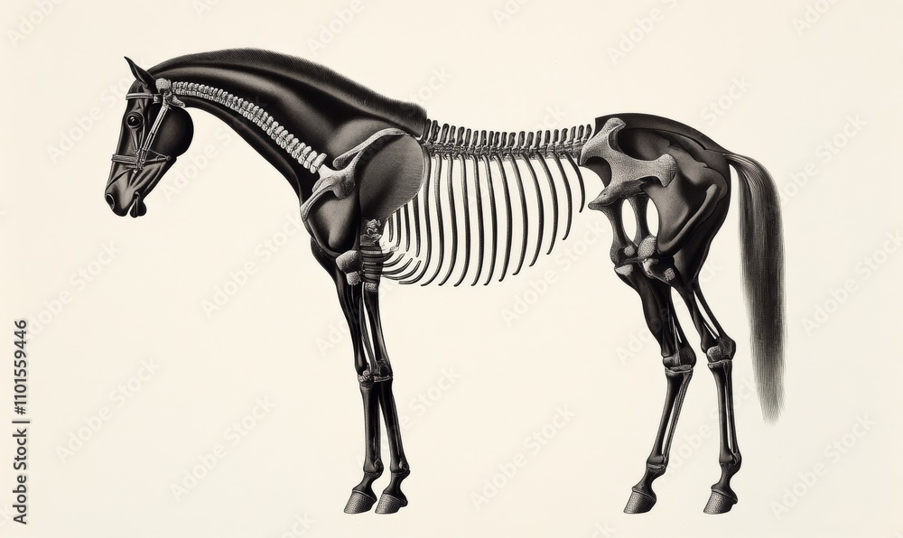 Obraz premium Vintage illustration of horse anatomy skeleton from Petit Larousse 1914, ideal for monochromatic and sepia tones 