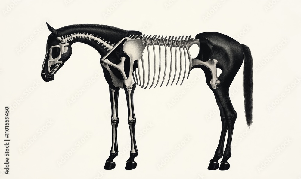 Obraz premium Vintage illustration of horse anatomy skeleton from Petit Larousse 1914, ideal for monochromatic and sepia tones 