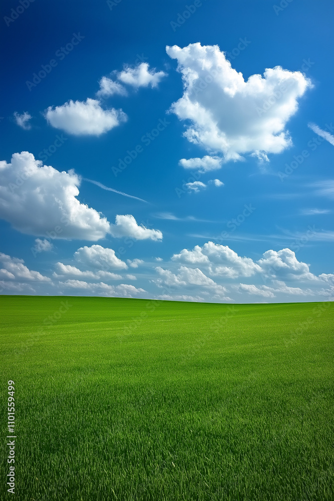 A scenic landscape of bright green grass and a vivid blue sky with light white clouds softly drifting A scenic landscape of bright green grass and a vivid blue sky with light white clouds softly drifting