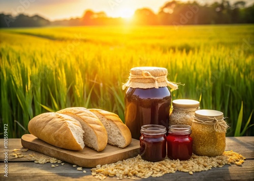 A Golden Oat Bread Loaf Surrounded by Colorful Jars of Jam in a Rice Field, Evoking Nature and Healthiness in a Minimalist Setting photo