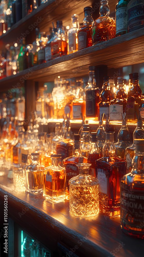 A bar, specifically the area in which bartenders mix drinks with bottles behind them A bar, specifically the area in which bartenders mix drinks with bottles behind them