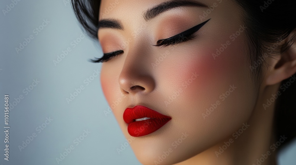 A close-up of an Asian woman with flawless makeup, featuring bold red lips and perfectly winged eyeliner, her face softly illuminated by natural light, highlighting her elegance A close-up of an Asian woman with flawless makeup, featuring bold red lips and perfectly winged eyeliner, her face softly illuminated by natural light, highlighting her elegance