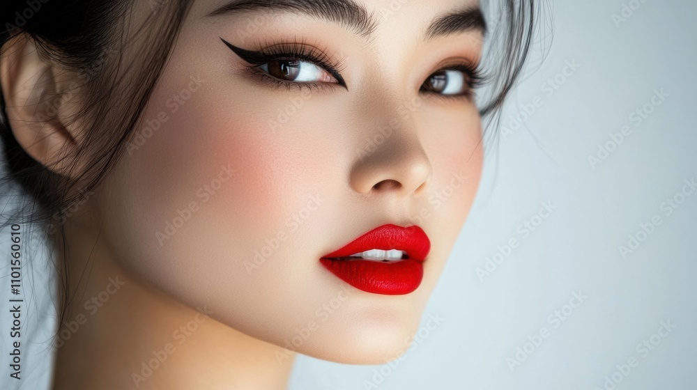 A close-up of an Asian woman with flawless makeup, featuring bold red lips and perfectly winged eyeliner, her face softly illuminated by natural light, highlighting her elegance A close-up of an Asian woman with flawless makeup, featuring bold red lips and perfectly winged eyeliner, her face softly illuminated by natural light, highlighting her elegance