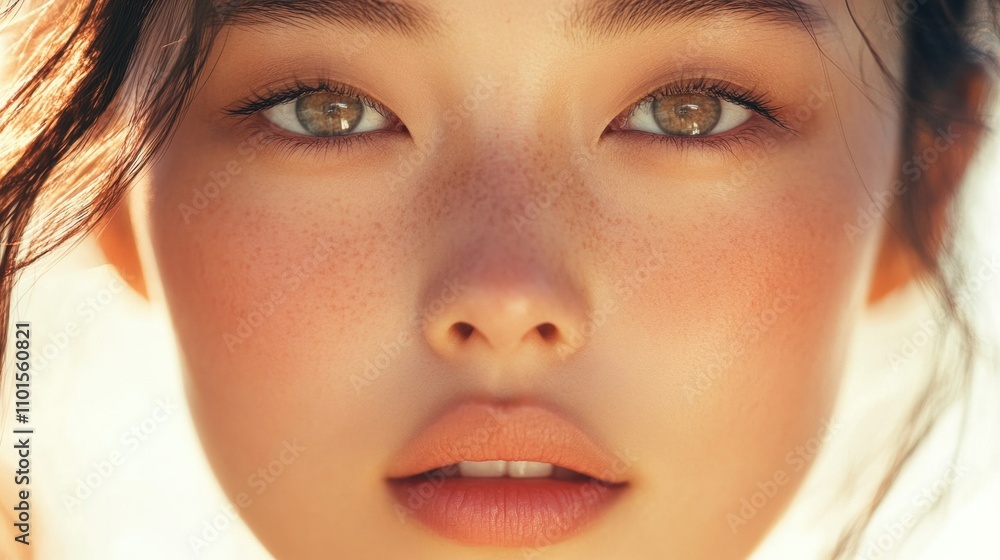 A close-up of an Asian woman with flawless skin and captivating eyes, her face bathed in the soft glow of the moonlight, with a calm and graceful expression A close-up of an Asian woman with flawless skin and captivating eyes, her face bathed in the soft glow of the moonlight, with a calm and graceful expression
