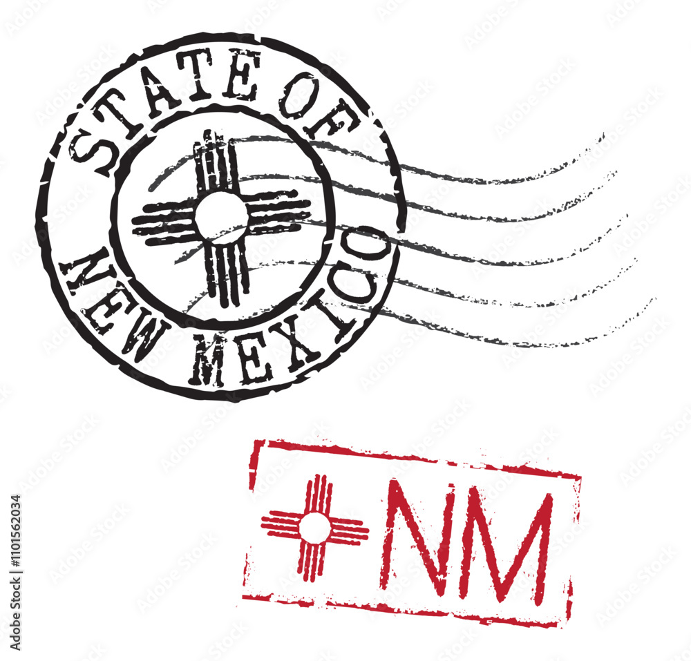 Naklejka premium Postal rubber stamps STATE OF NEW MEXICO and NM zip code abbreviation, along with the state symbol. Retro seals for letter envelopes, greeting cards, passports, parcels.