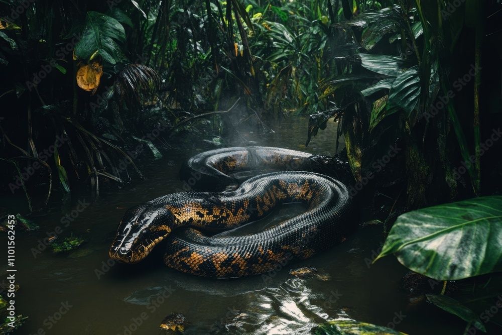Large snake in dark jungle water. Large snake in dark jungle water.