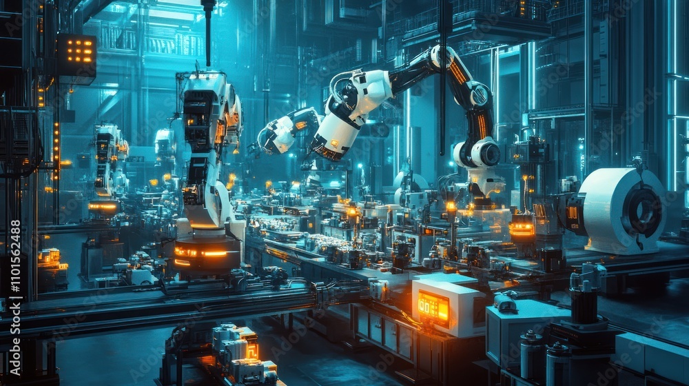 Futuristic robotic assembly line in a modern factory. Futuristic robotic assembly line in a modern factory.