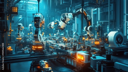 Futuristic robotic assembly line in a modern factory.