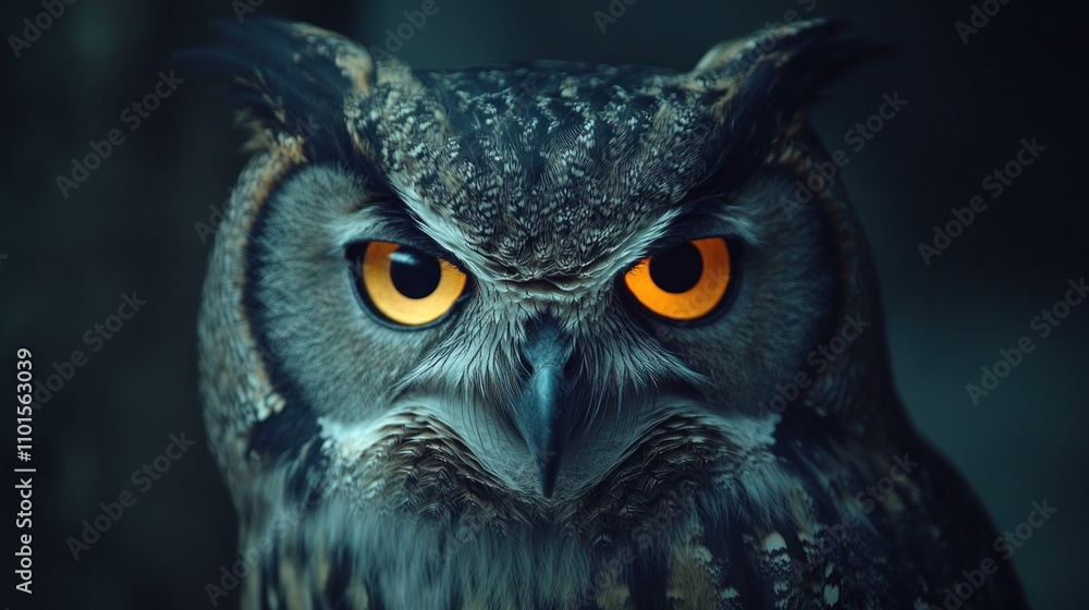 Mystical Focus: Close-Up of Owl with Piercing Amber Eyes at Dusk in the Forest Mystical Focus: Close-Up of Owl with Piercing Amber Eyes at Dusk in the Forest
