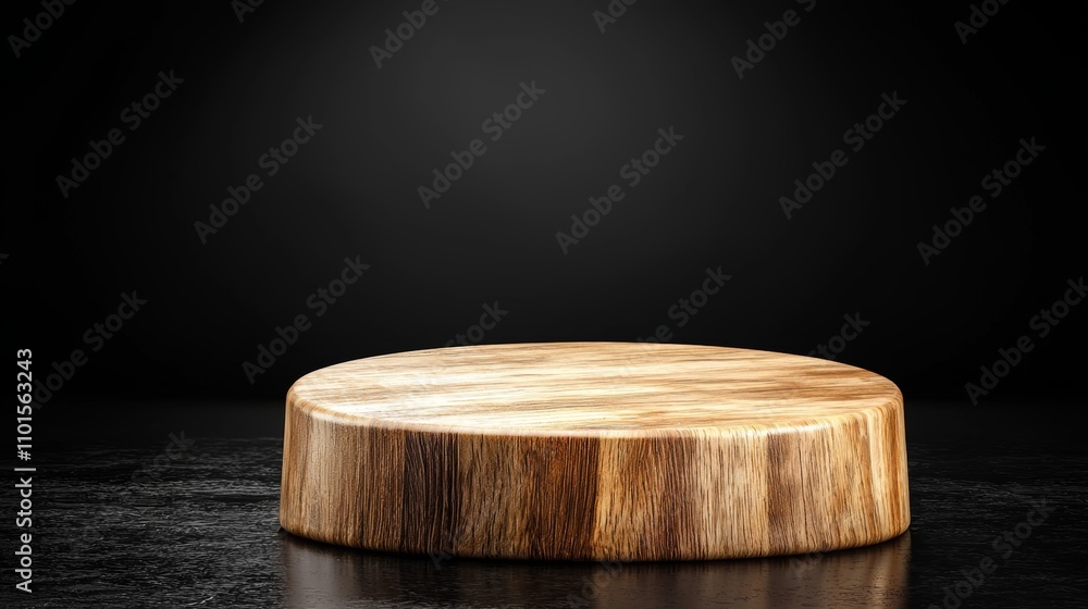 A round wooden platter rests on a dark surface, showcasing its natural grain against a minimalist black backdrop. A round wooden platter rests on a dark surface, showcasing its natural grain against a minimalist black backdrop.