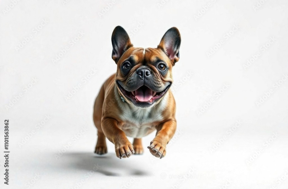 Obraz premium Portrait of cute playful puppy in motion jumping isolated on white background. Happy dog ​​running. Copy space for advertising. High quality photo
