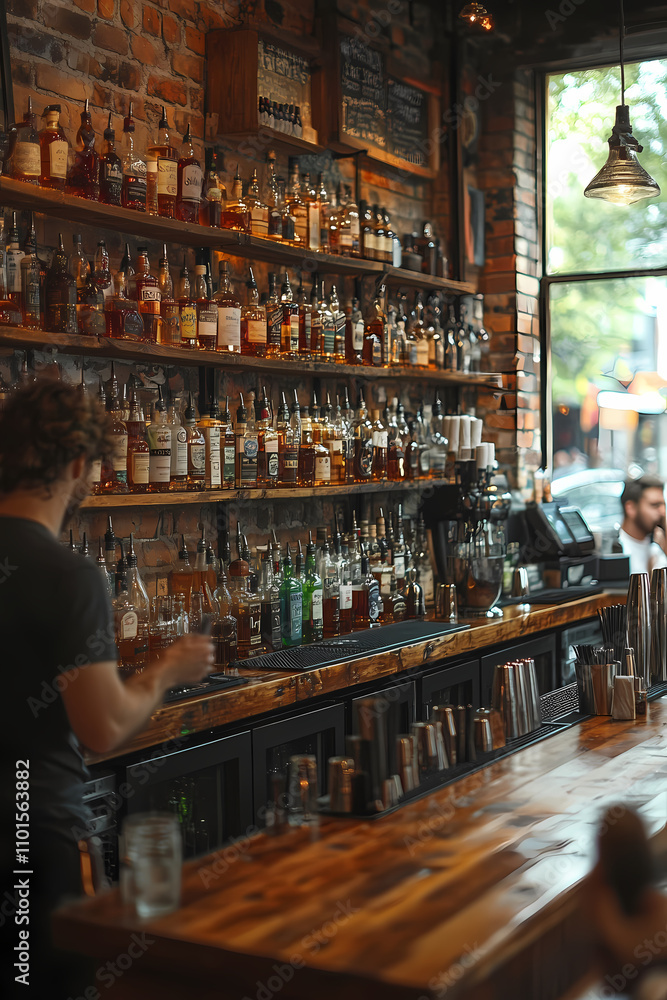A bar, specifically the area in which bartenders mix drinks with bottles behind them A bar, specifically the area in which bartenders mix drinks with bottles behind them