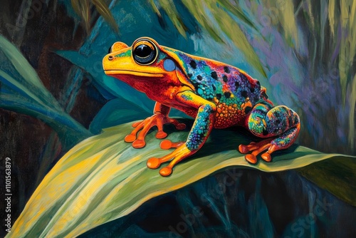 Vibrant rainbow frog on leaf, painted artwork. photo