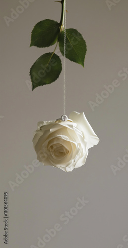 A white rose with an engagement ring on it, hanging upside down, captured in macro photography with photorealistic hyperbole. Minimal creative jewelry advertisement concept. Copy space, flat lay.