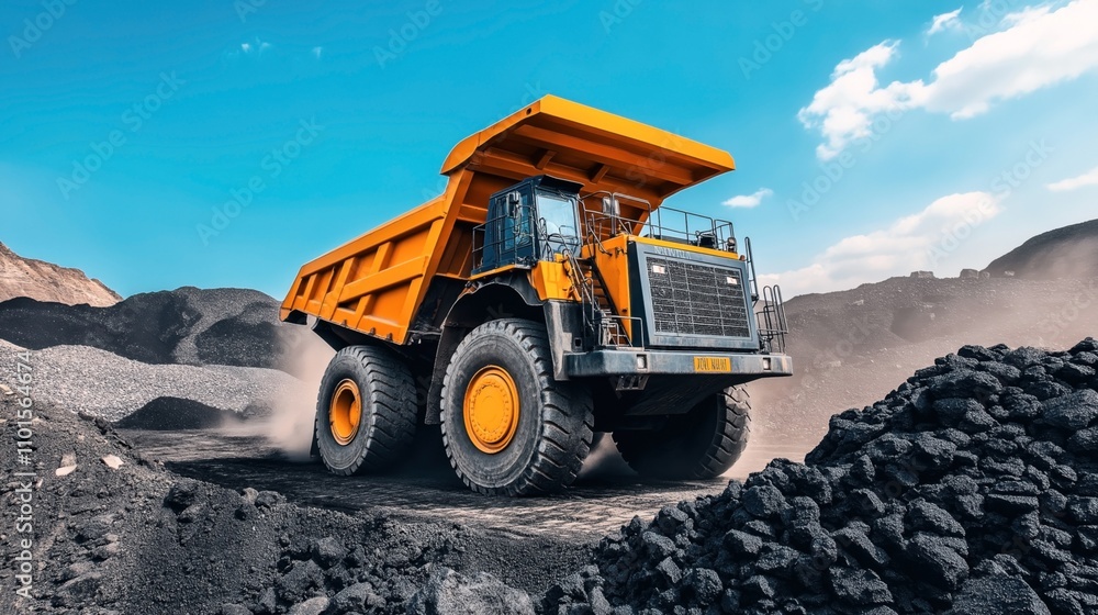 Large yellow dump truck in a coal mining site with piles of coal and a clear blue sky Large yellow dump truck in a coal mining site with piles of coal and a clear blue sky