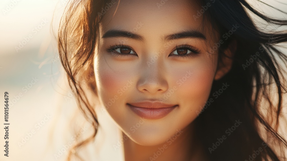 A close-up portrait of a beautiful mixed-heritage Asian woman, her glowing skin illuminated by natural sunlight, with soft waves in her hair and a gentle smile A close-up portrait of a beautiful mixed-heritage Asian woman, her glowing skin illuminated by natural sunlight, with soft waves in her hair and a gentle smile