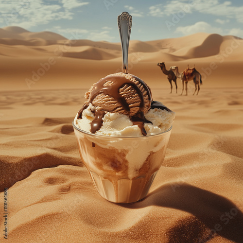 An ice cream scoop melts in the desert, with dunes and camels in the background, while a silver spoon drips chocolate and vanilla onto a glass cup.