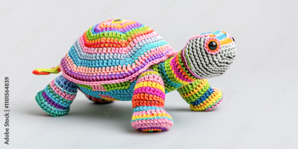 Colorful crocheted turtle toy with vibrant rainbow patterns on a white background.
Colorful crocheted turtle toy with vibrant rainbow patterns on a white background.
