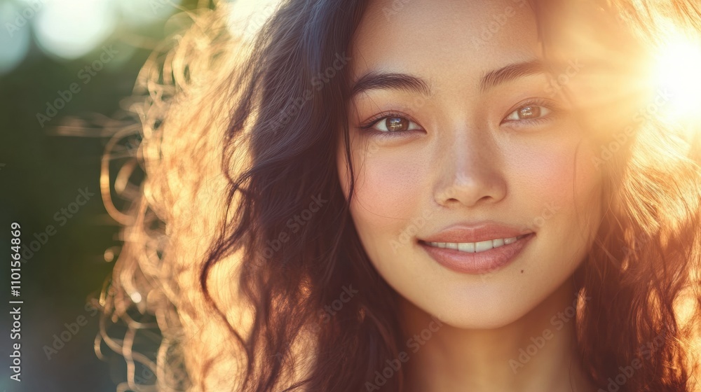A close-up portrait of a beautiful mixed-heritage Asian woman, her glowing skin illuminated by natural sunlight, with soft waves in her hair and a gentle smile A close-up portrait of a beautiful mixed-heritage Asian woman, her glowing skin illuminated by natural sunlight, with soft waves in her hair and a gentle smile