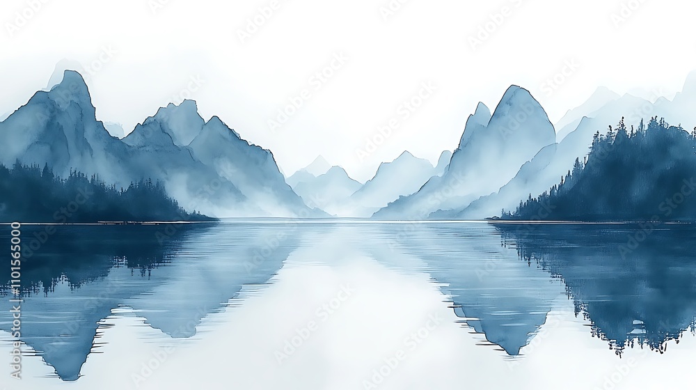 Naklejka premium Minimalist watercolor-inspired blue mountains mirrored in a pristine still lake.