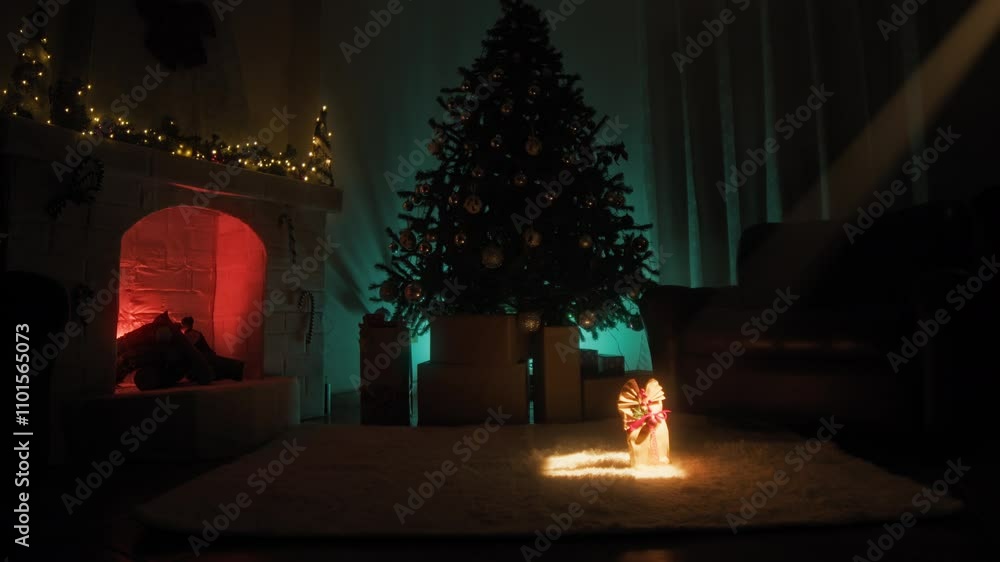 First Christmas Present On White Carpet In Front Of The Tree At Night First Christmas Present On White Carpet In Front Of The Tree At Night