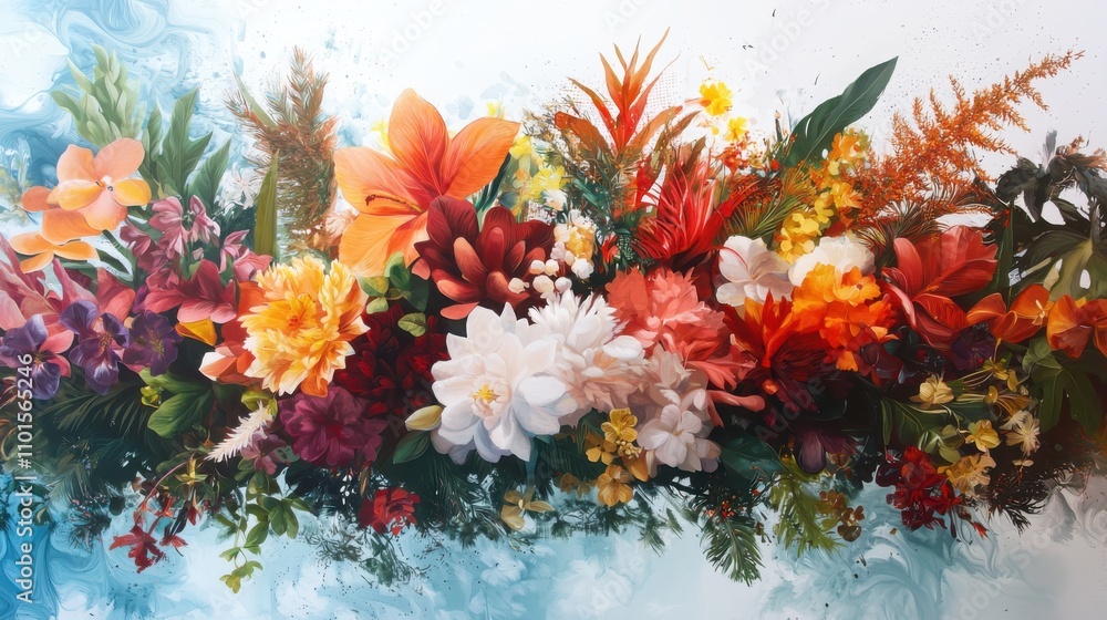 Creating a vibrant exotic garden scene with soft petals and lush foliage painting in a serene nature setting Creating a vibrant exotic garden scene with soft petals and lush foliage painting in a serene nature setting
