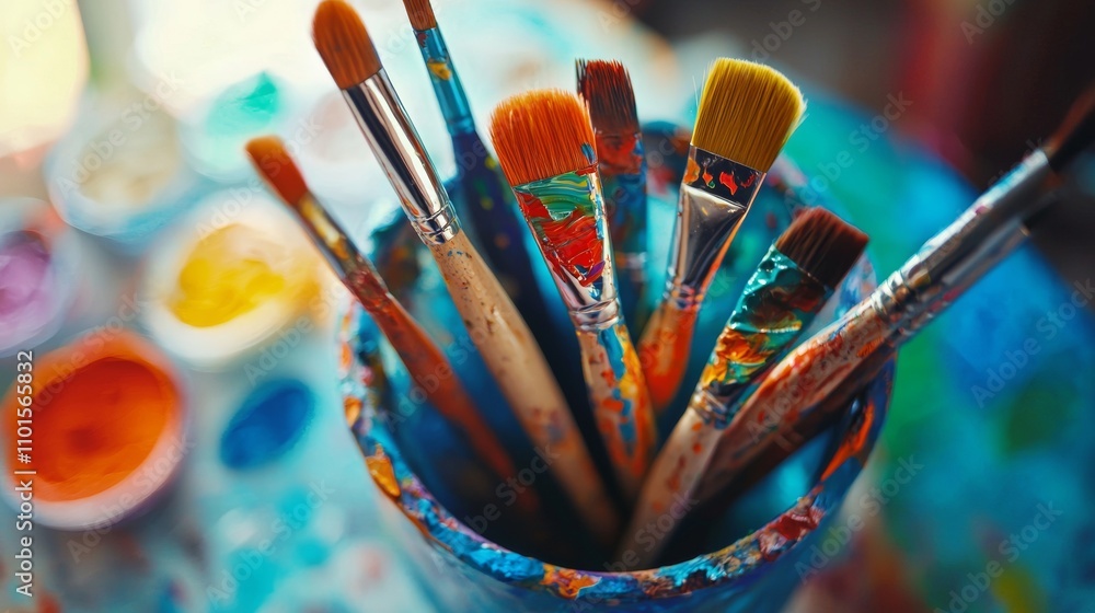 Artist's paintbrushes with colorful paint in a creative setup Artist's paintbrushes with colorful paint in a creative setup
