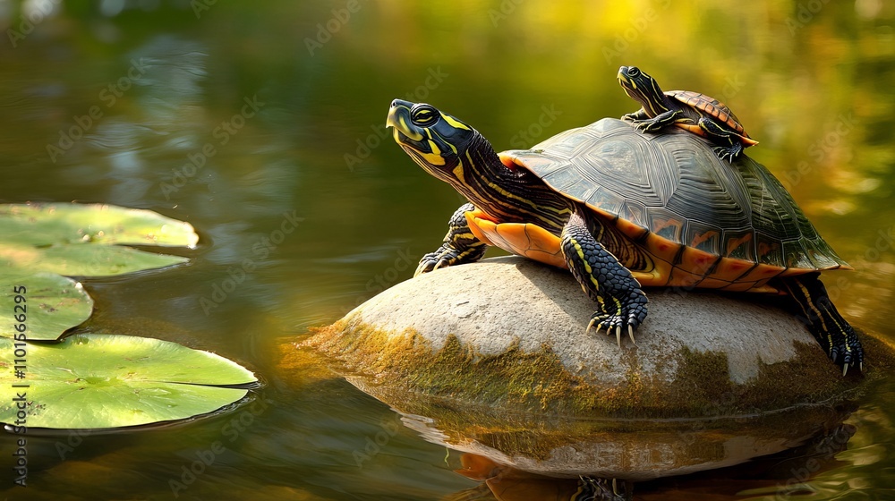 A vibrant turtle family basking on a rock in a serene pond, showcasing stunning colors against a tranquil natural backdrop. A vibrant turtle family basking on a rock in a serene pond, showcasing stunning colors against a tranquil natural backdrop.