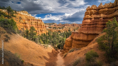 Majestic Red Rock Canyon with Dramatic Sky in Arid Desert National Park Landscape