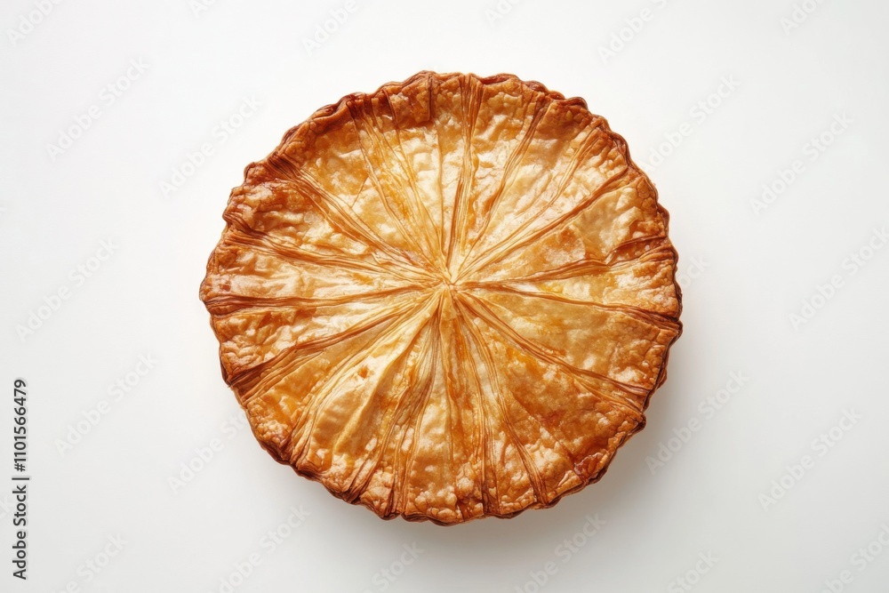 Galette des rois with flaky pastry and frangipane filling on white background Galette des rois with flaky pastry and frangipane filling on white background