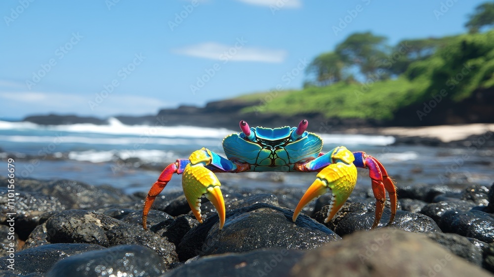 Obraz premium A vibrant crab stands on jagged rocks with a striking blue sky above, showcasing its brilliant hues and coastal habitat.