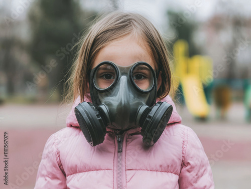 Child wearing gas mask in playground, highlighting air quality concerns photo