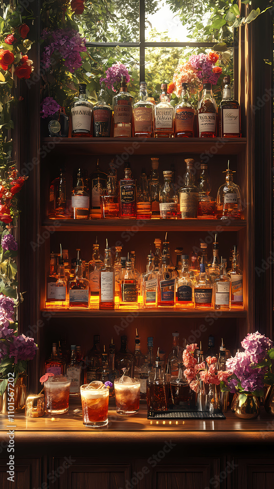 A bar, specifically the area in which bartenders mix drinks with bottles behind them A bar, specifically the area in which bartenders mix drinks with bottles behind them