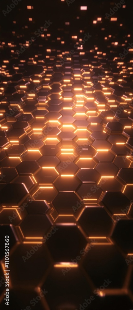 Fototapeta premium Illuminated metal hexagon grid with soft warm glow, hexagonal, ambient, soft