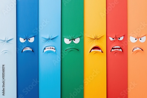 Colorful Angry Faces on Wood Panel Background Mood Emotion Expression