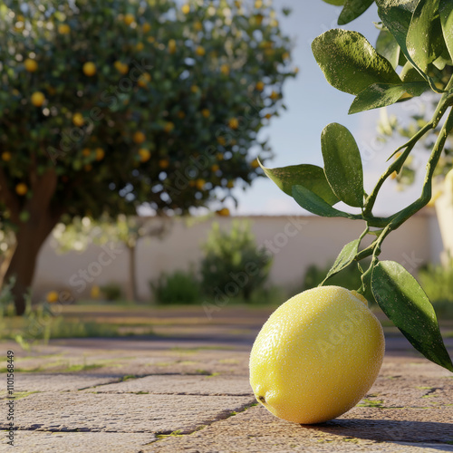 Fresh Lemon high quality picture and lemon plant in background. green lemon after rain photos photo