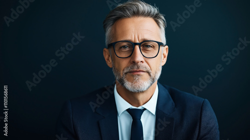 Portrait of a middle-aged man with glasses and a gray beard wearing a navy suit and tie on a dark background