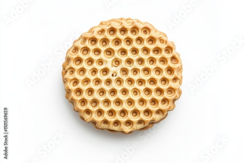 Krumkake cookie with intricate waffle pattern and cone shape on white background photo