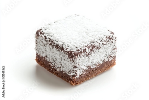 Lamington with chocolate coating and coconut covering on white background