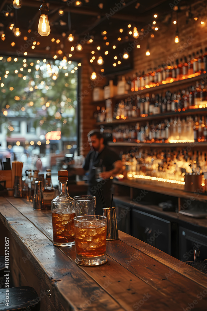 A bar, specifically the area in which bartenders mix drinks with bottles behind them A bar, specifically the area in which bartenders mix drinks with bottles behind them