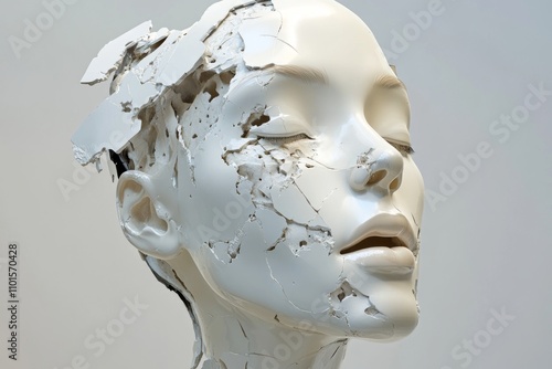 shattered white-headed woman statue, tremendous cracks, destruction in sculpture concept photo