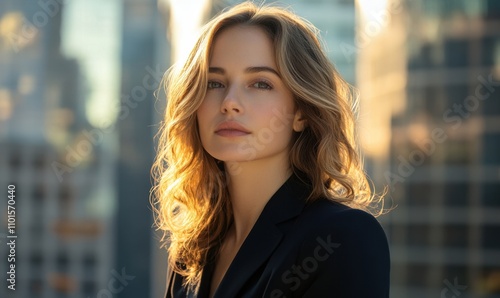 Smiling businesswoman standing in front of modern office building